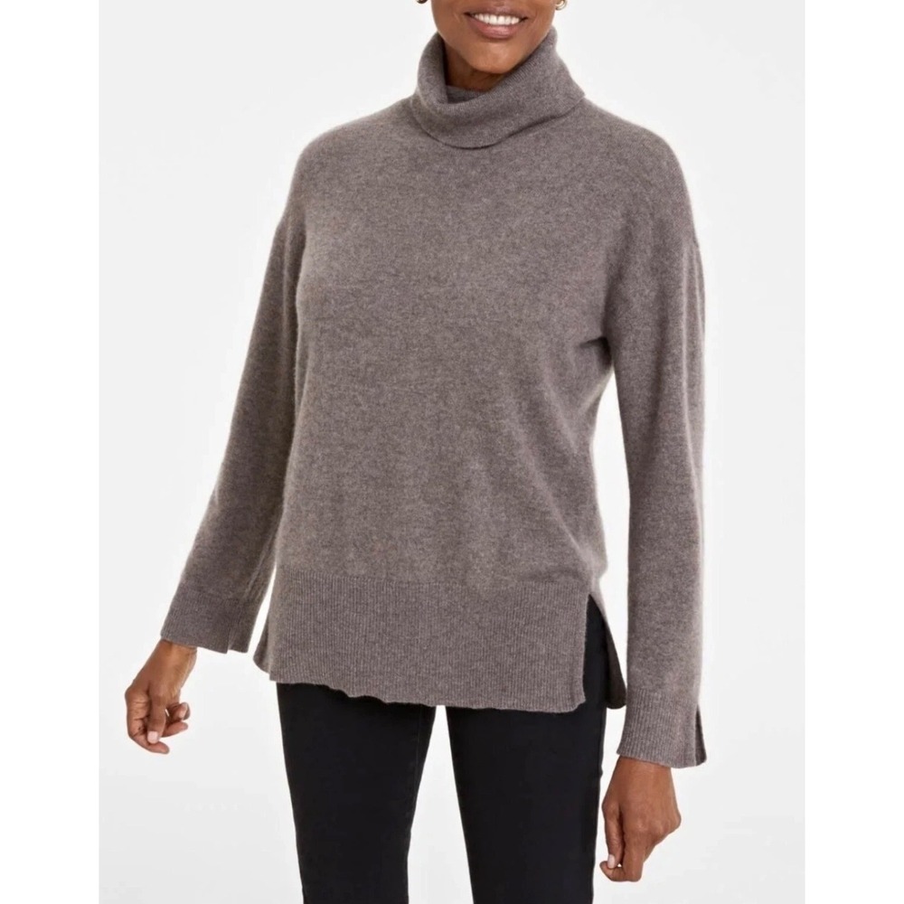 CHARTER CLUB Sweater 100% Cashmere Turtleneck Split Hem Taupe Large